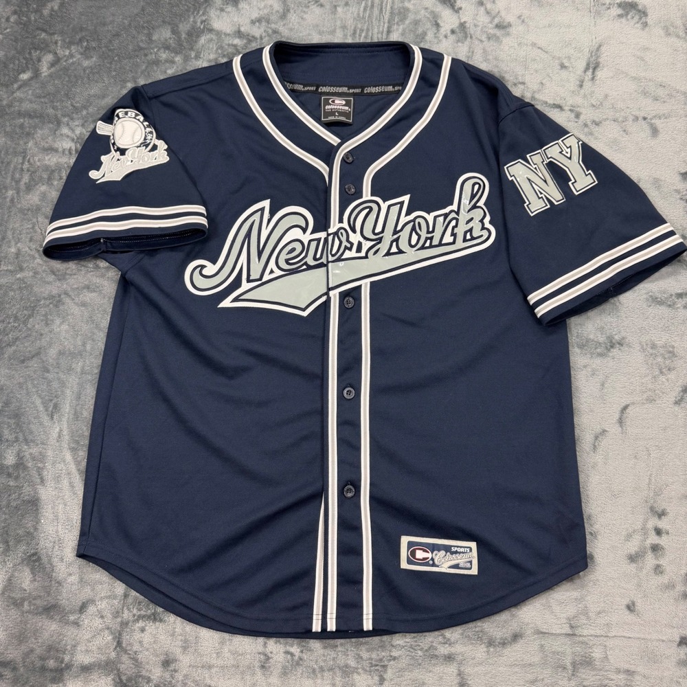 Colosseum Athletics New York Baseball Jersey Mens Large Navy Blue Button Up - Picture 2 of 11